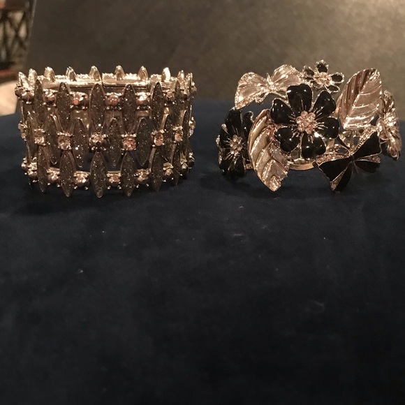 New York & Company—2 Statement Bracelets-Silver Tone Stretch & Black Enamel Cuff - Picture 1 of 9